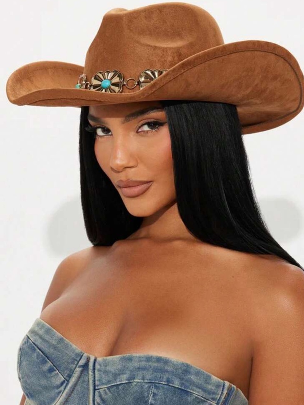 Brown Suede Concho Western Hat with Turquoise Accents